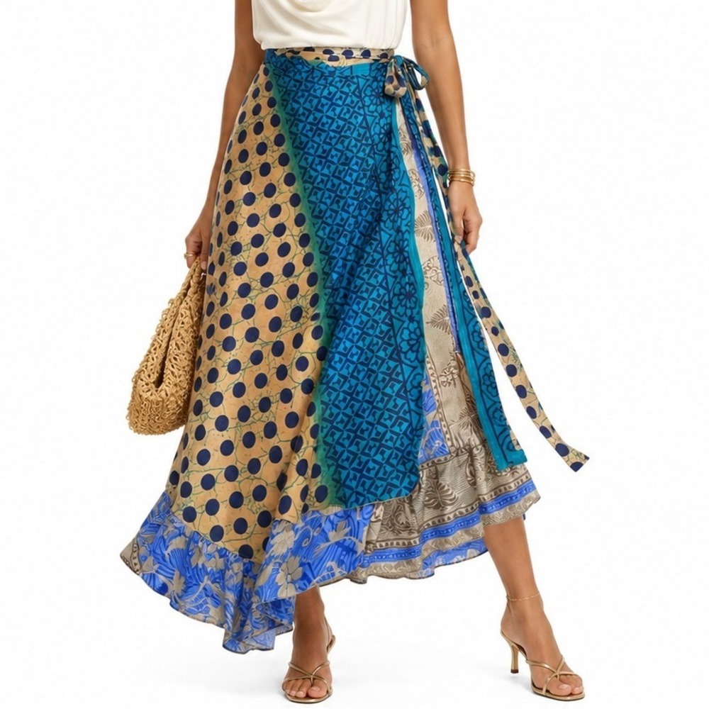 Darn Good Yarn Sari Silk Wrap Skirt Womens Goddess 22-26 Blue Boho Maxi Skirt
